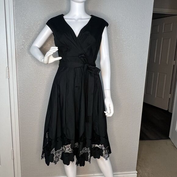 Shani Women’s Midi Dress Fit & Flare Poplin Lace Dark Romantic Black Size 4 - Picture 2 of 7